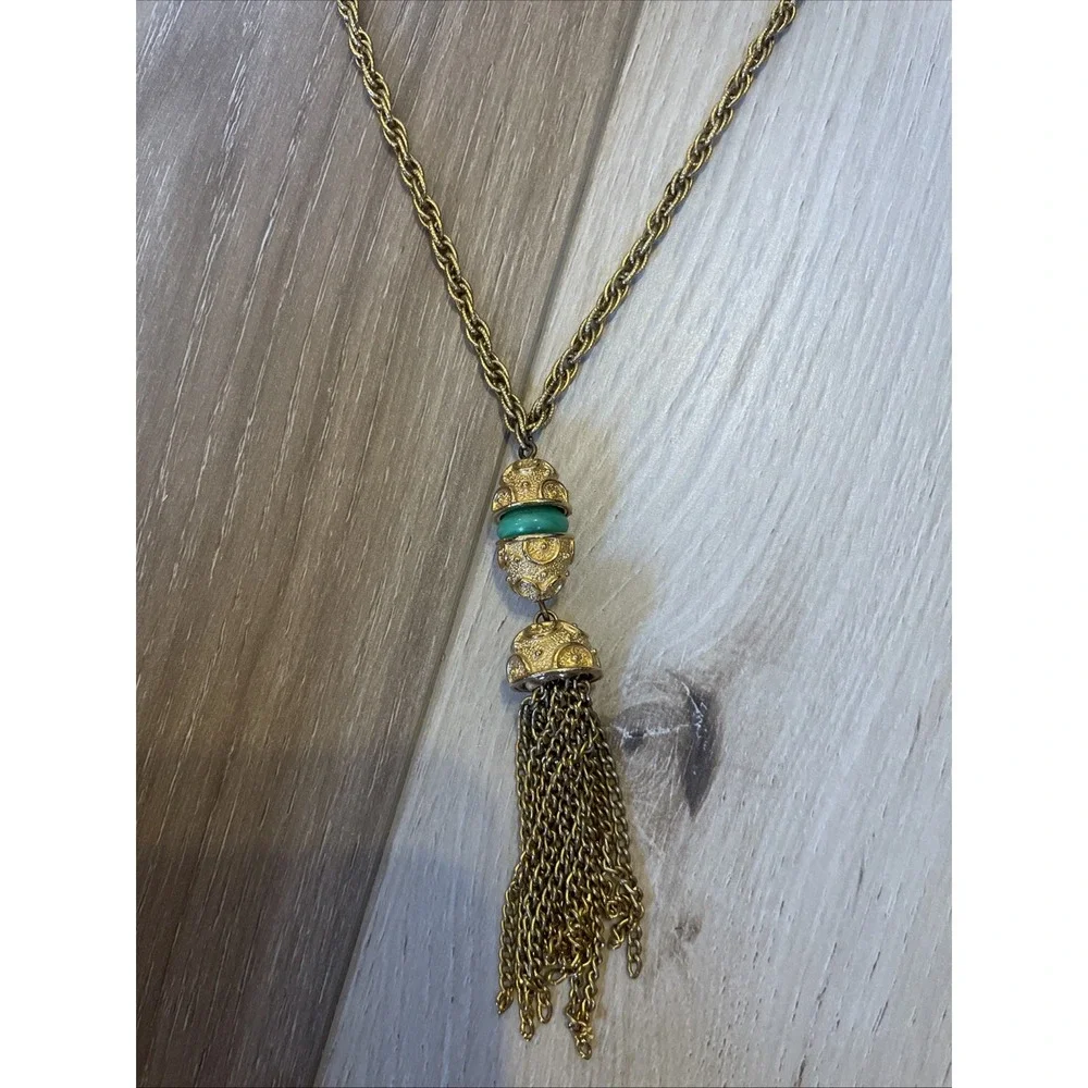 Vintage Tacoa‎ Gold Tone Necklace with Tassel Pendant 18 inch Green Enamel